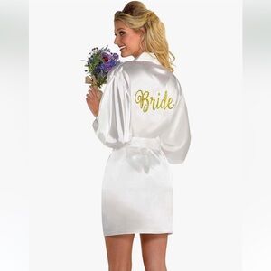 Bride in Gold font Wedding Robe bright White OS NEW